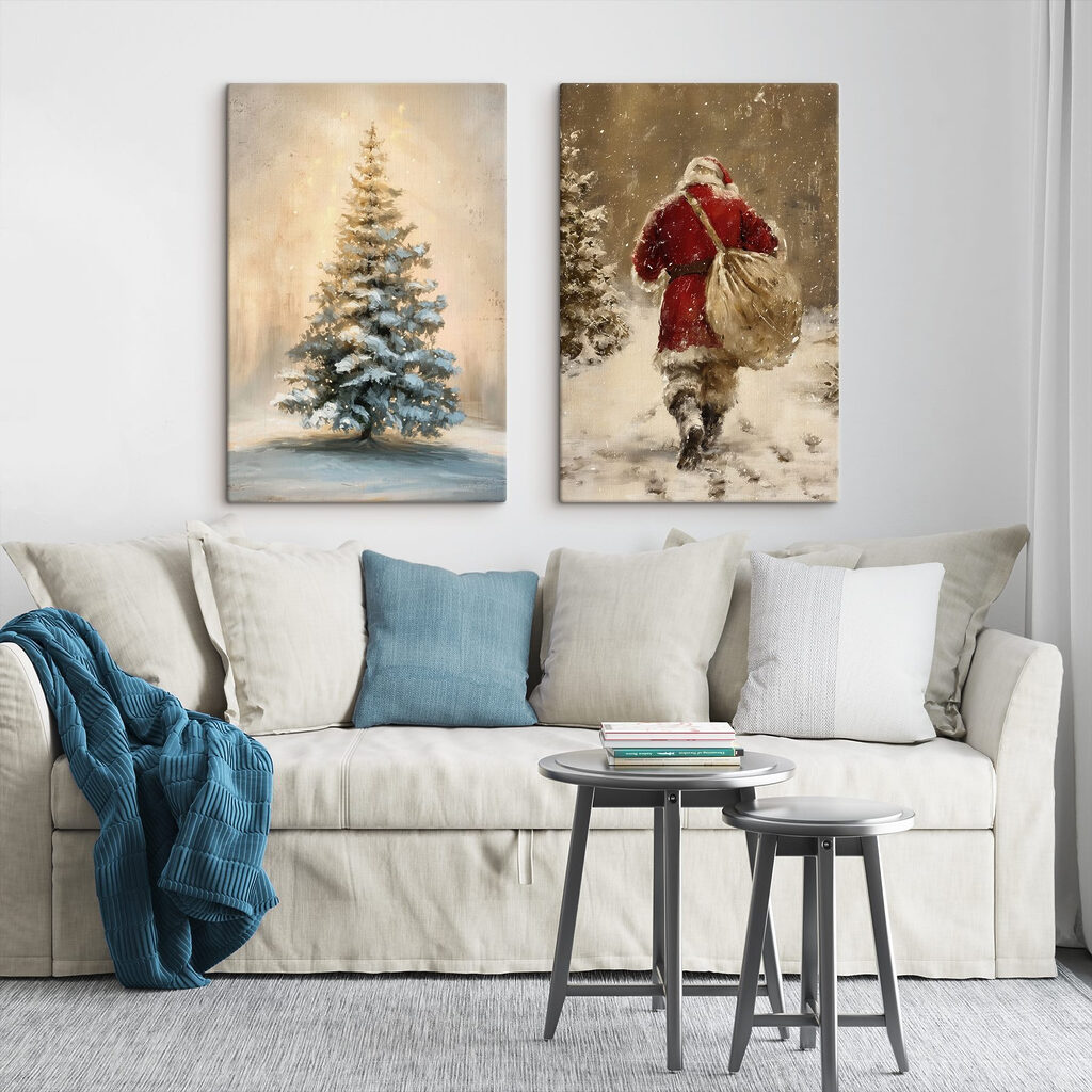 Schilderij van een man die door de sneeuw loopt in een interieur