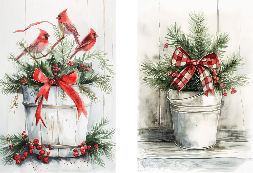 Twee aquarellen van vogels en een emmer met planten — volledig ontwerp