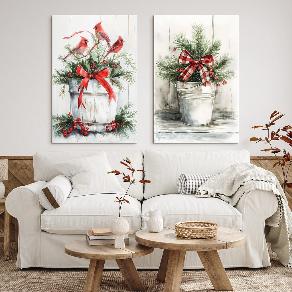 Twee aquarellen van vogels en een emmer met planten — interieur 2