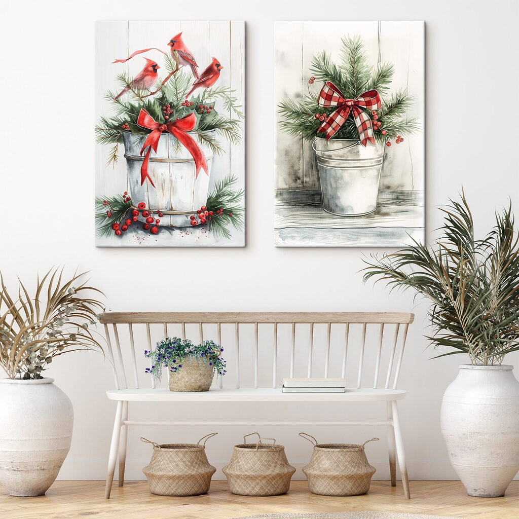 Twee aquarellen van vogels en een emmer met planten — interieur 1