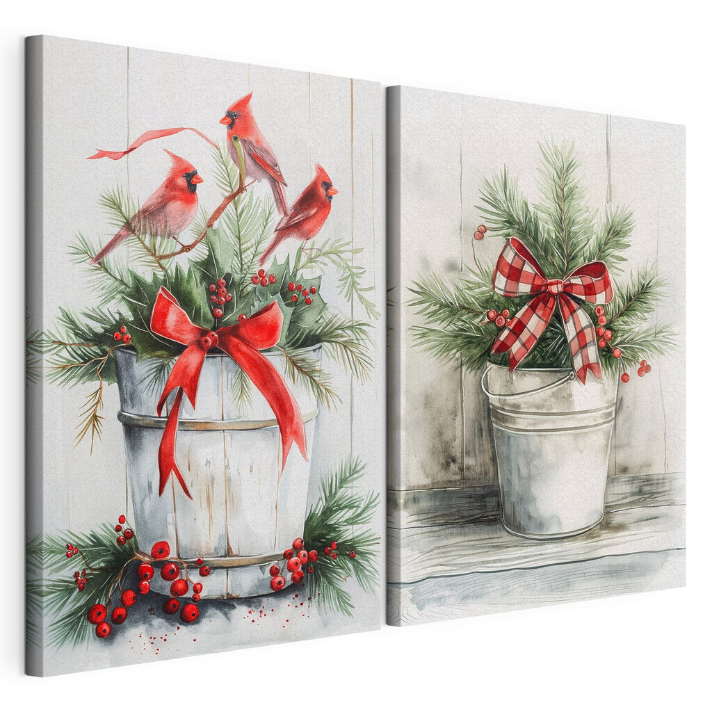 Twee aquarellen van vogels en een emmer met planten — productweergave