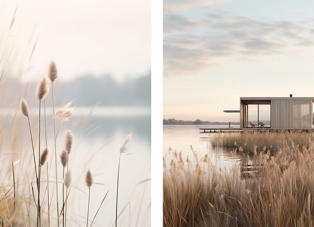 Meer met een steiger en een klein gebouwtje — volledig ontwerp