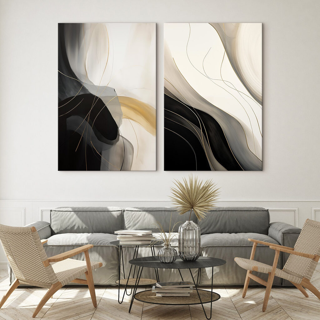 Zwart-witte kunstwerken in een interieur