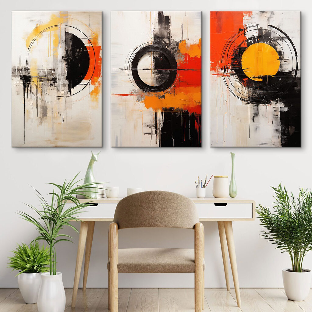 Een reeks schilderijen in verschillende kleuren in een interieur