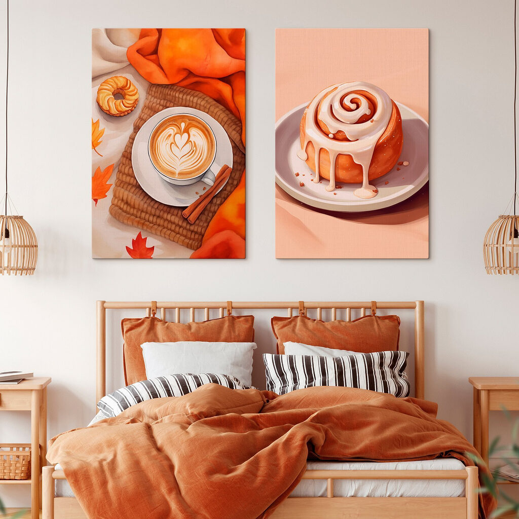 Een kopje koffie en een kaneelbroodje in een interieur