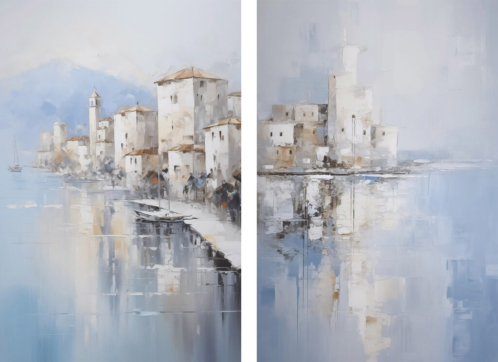 Schilderij van een stad en een waterpartij — volledig ontwerp