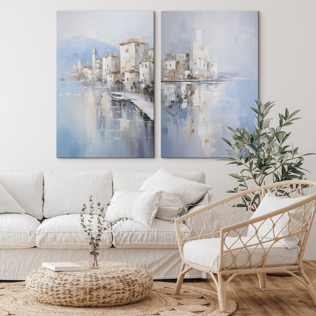 Schilderij van een stad en een waterpartij in een interieur