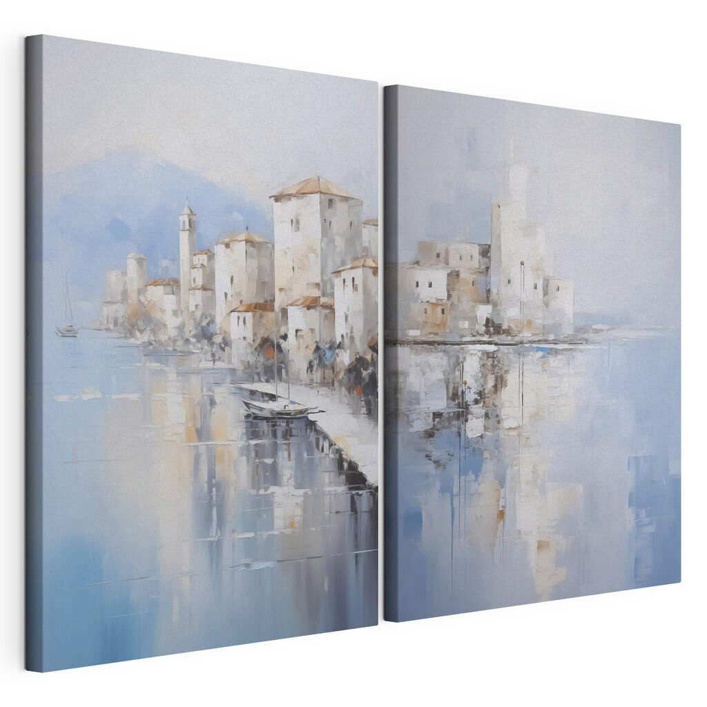 Schilderij van een stad en een waterpartij — productweergave