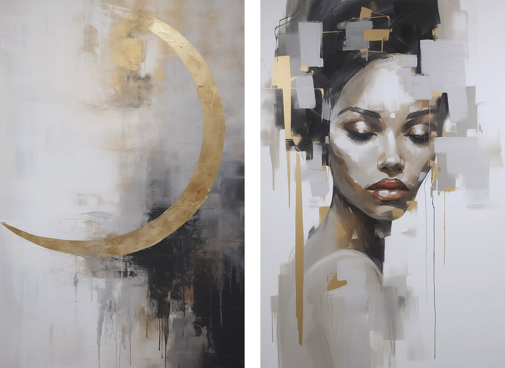 Een schilderij van een vrouw en een schilderij van een maan — volledig ontwerp