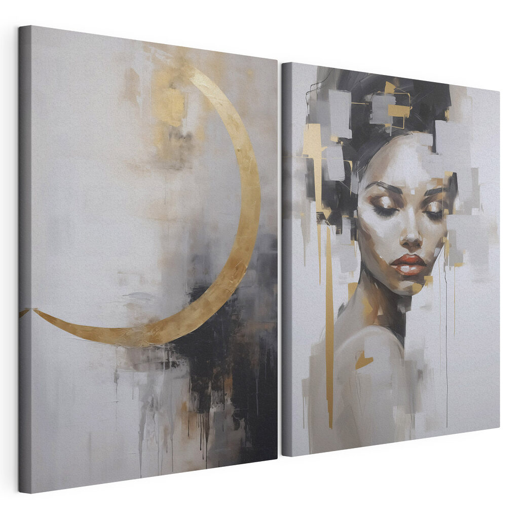 Een schilderij van een vrouw en een schilderij van een maan — productweergave