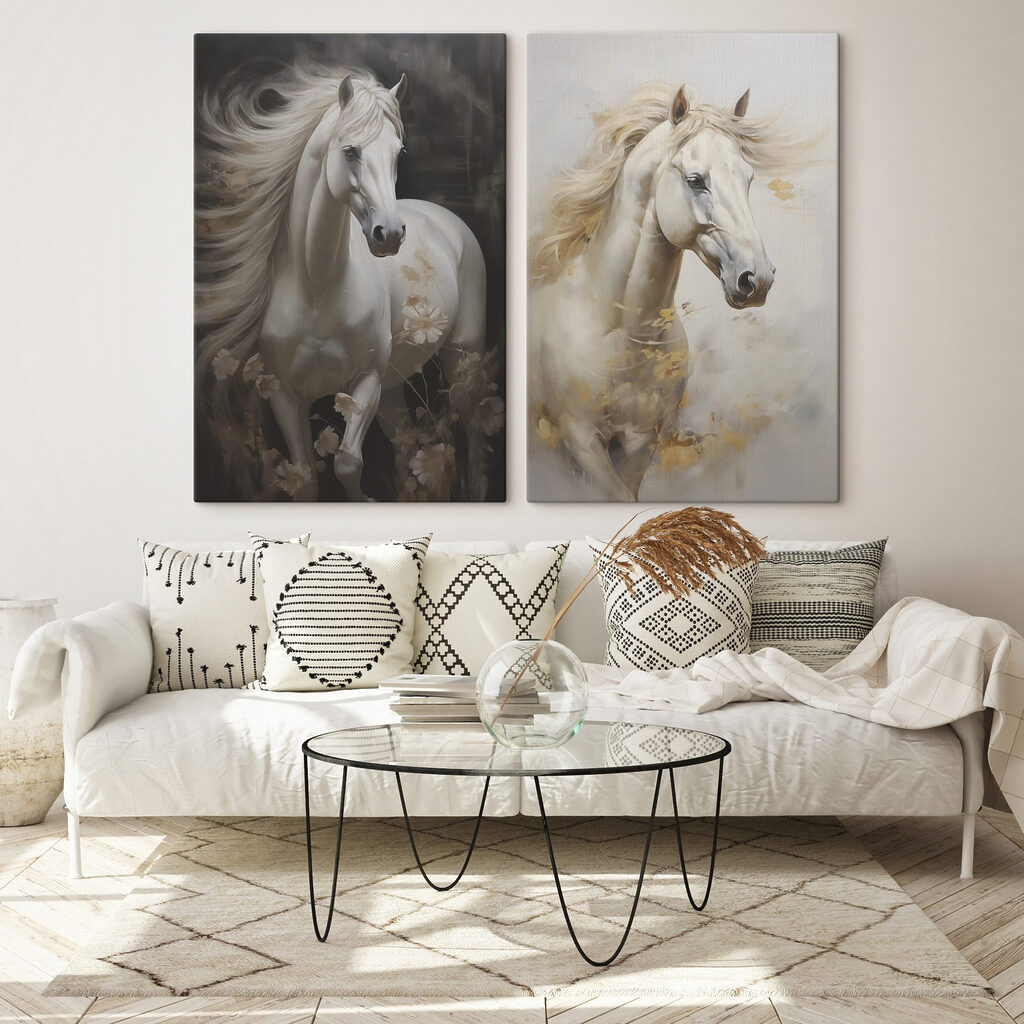 Schilderij van een wit paard in een interieur