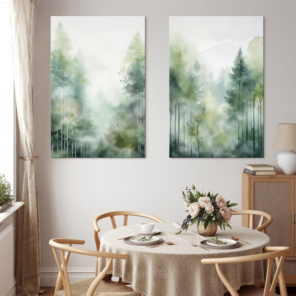 Schilderij van bomen in de mist in een interieur