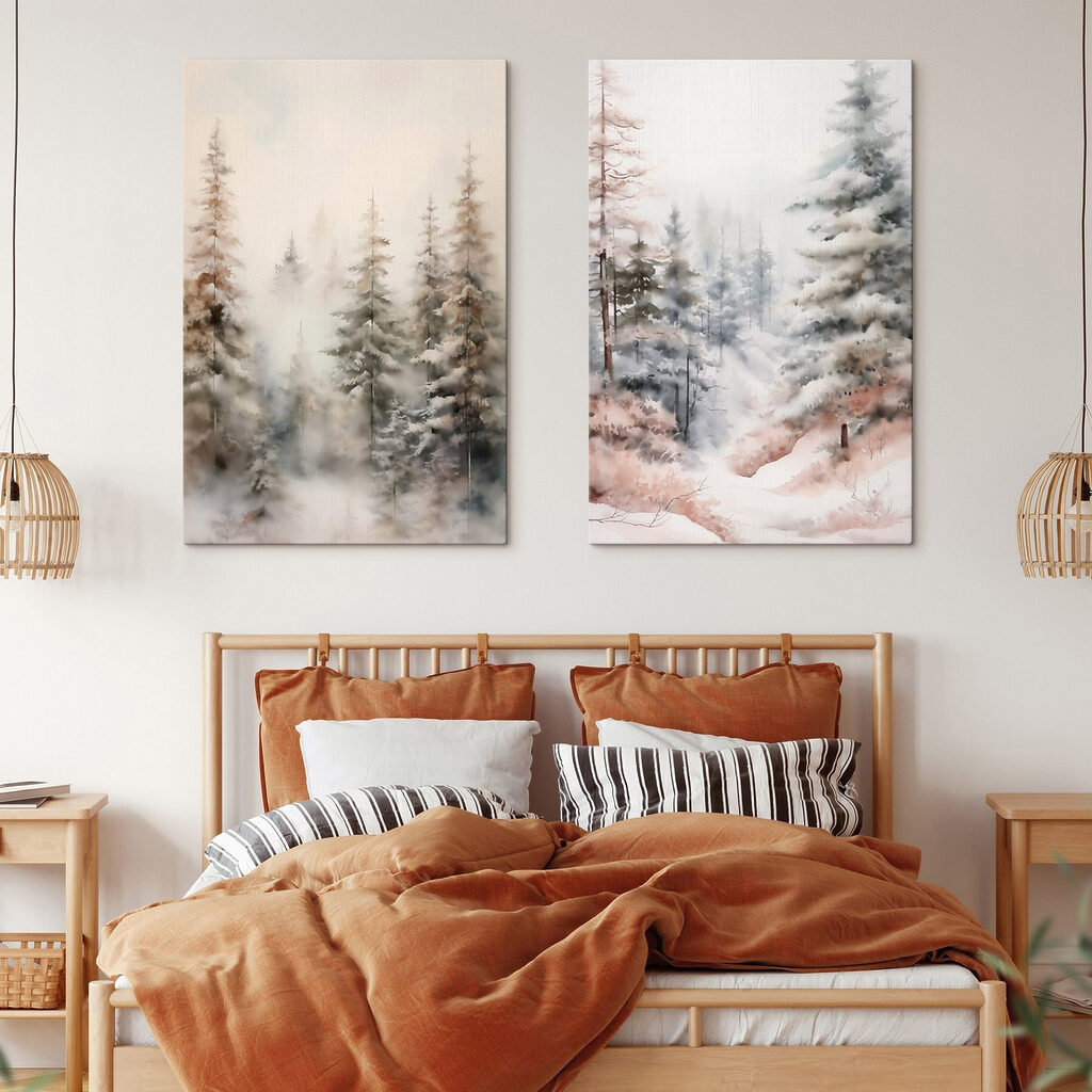 Schilderij van bomen in de sneeuw in een interieur