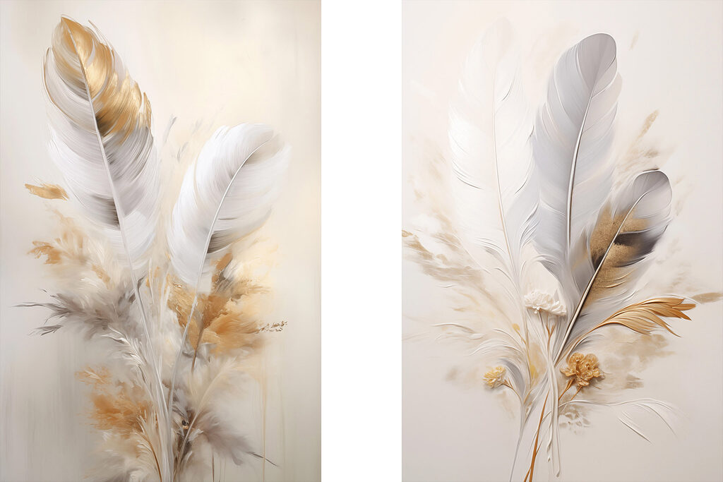 Schilderij van veren en bloemen — volledig ontwerp