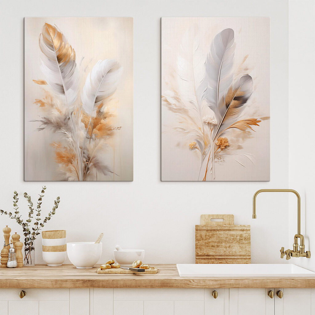 Schilderij van veren en bloemen — interieur 1