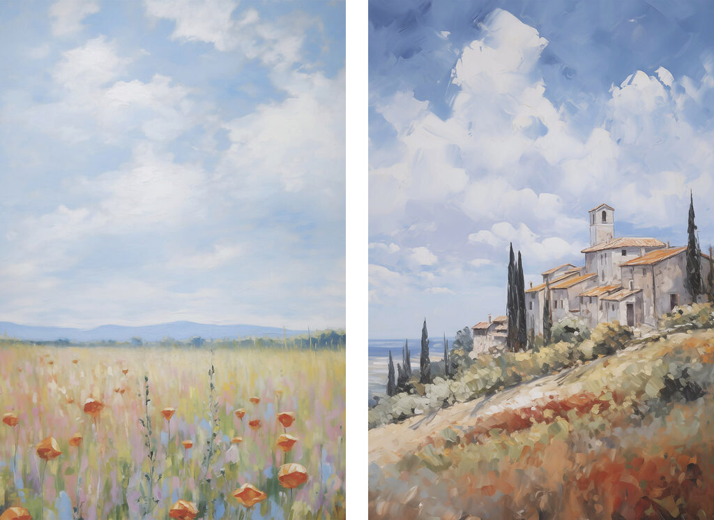 Schilderij van een landschap met een gebouw en een bloemenveld — volledig ontwerp