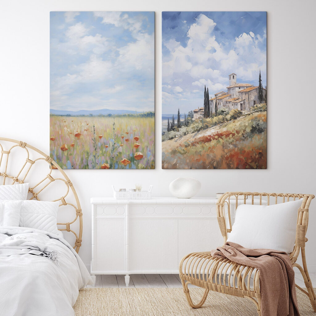 Schilderij van een landschap met een gebouw en een bloemenveld — interieur 2