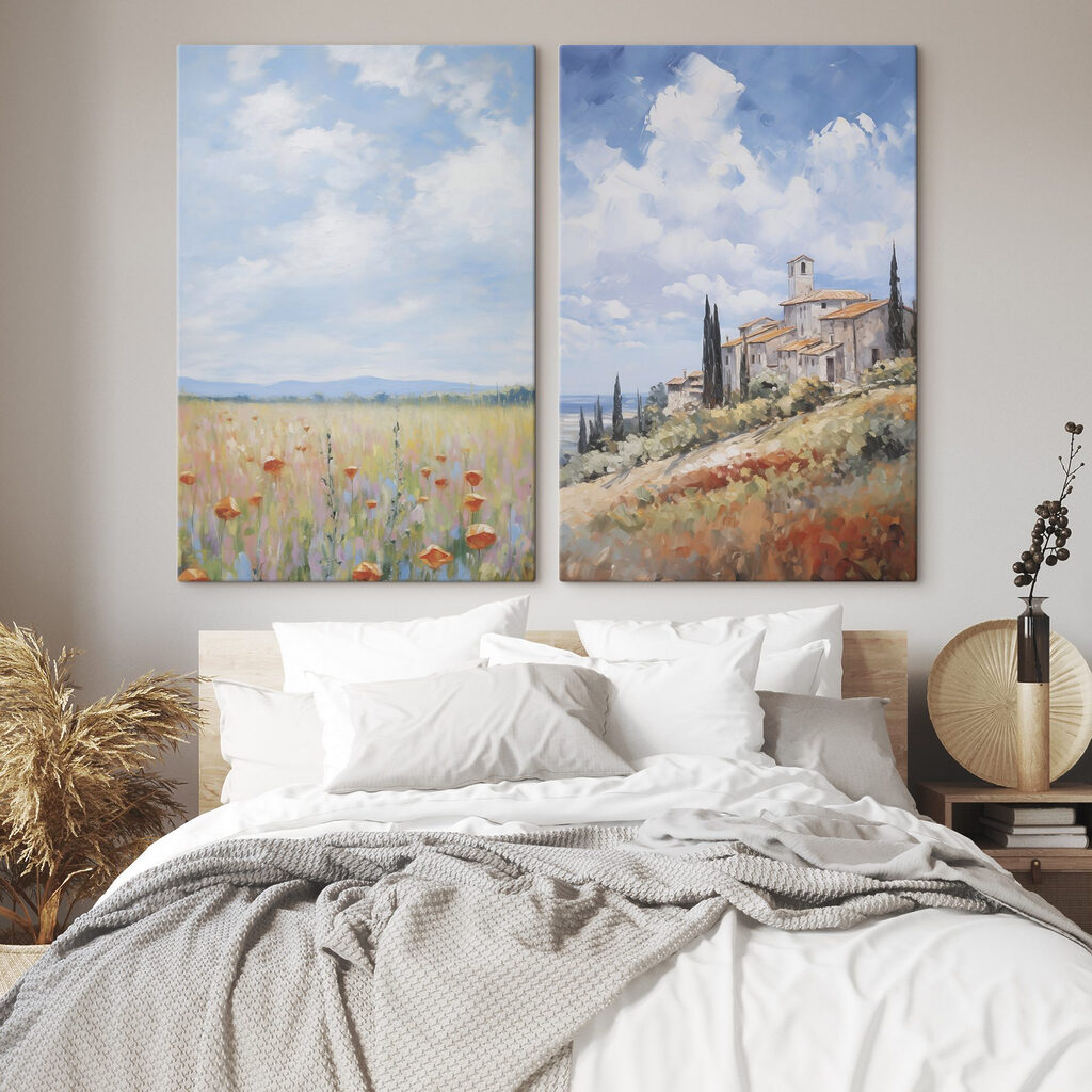 Schilderij van een landschap met een gebouw en een bloemenveld — interieur 1