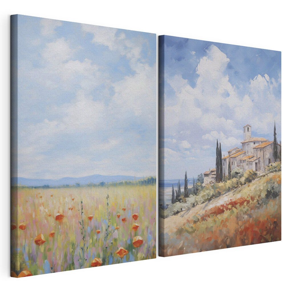 Schilderij van een landschap met een gebouw en een bloemenveld — productweergave