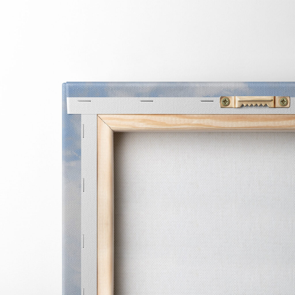 Schilderij van een landschap met een gebouw en een bloemenveld — achterkant