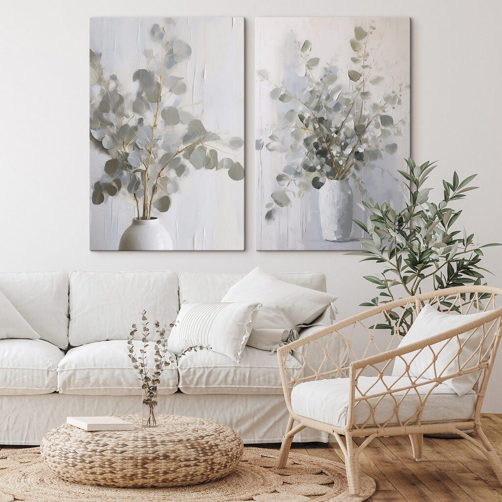 Schilderij van een plant in een vaas in een interieur
