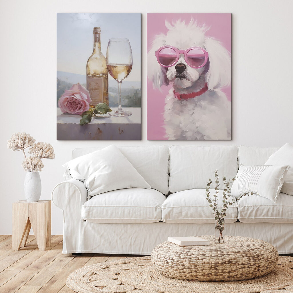 Schilderij van een hond en een wijnglas in een interieur