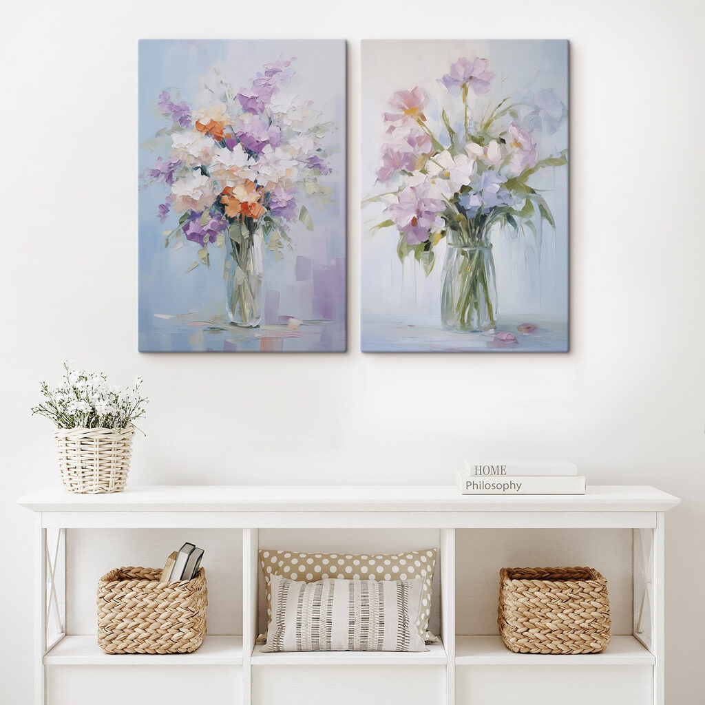 Schilderij van bloemen in een vaas in een interieur