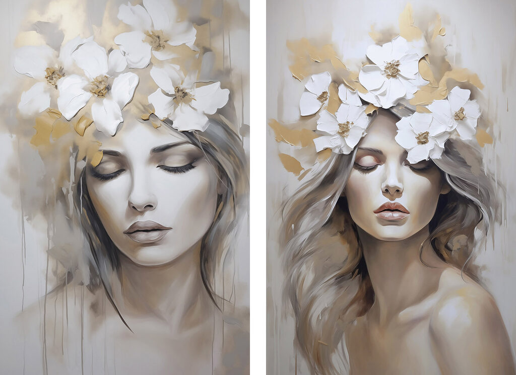 Schilderij van een vrouw met bloemen op haar hoofd — volledig ontwerp