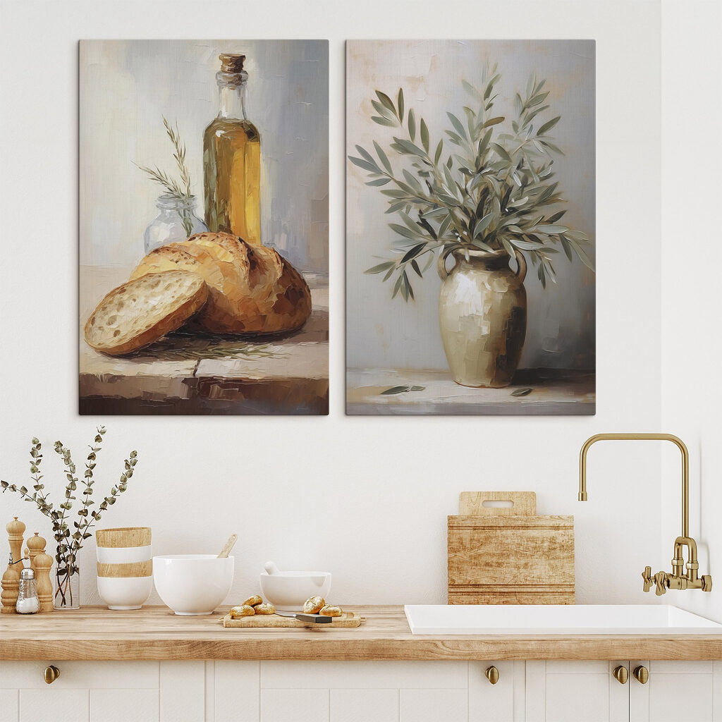 Schilderij van eten en een vaas met olijfolie in een interieur