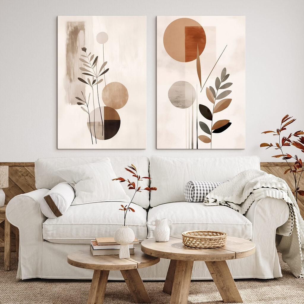 Twee afbeeldingen van planten en cirkels in een interieur