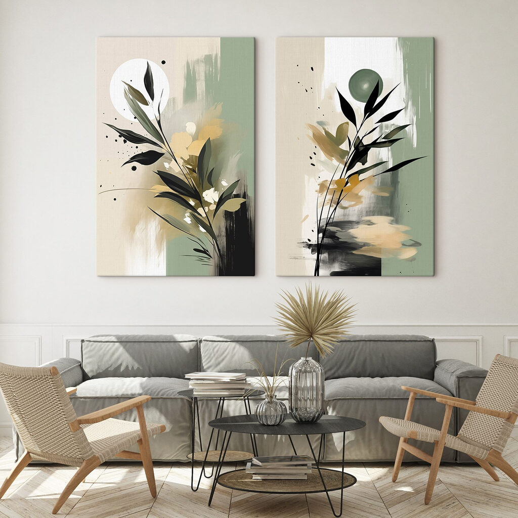 Schilderij van bloemen en bladeren in een interieur
