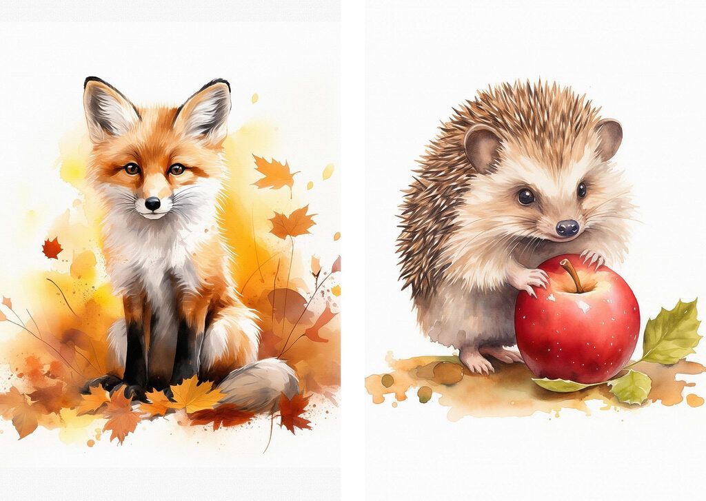 Een vos en een egel die een appel vasthouden — volledig ontwerp