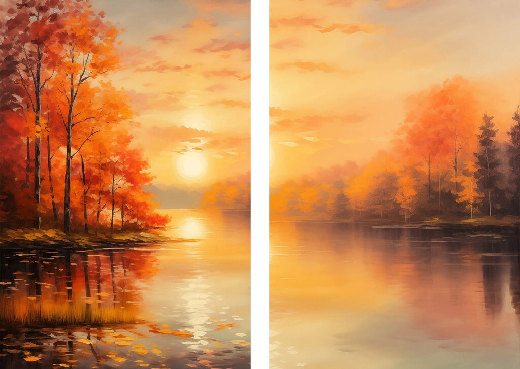 Schilderij van een meer en een zonsondergang — volledig ontwerp