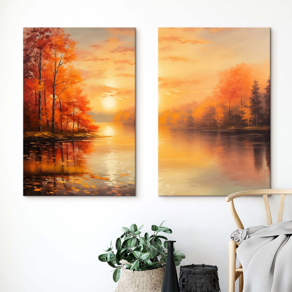 Schilderij van een meer en een zonsondergang — interieur 1