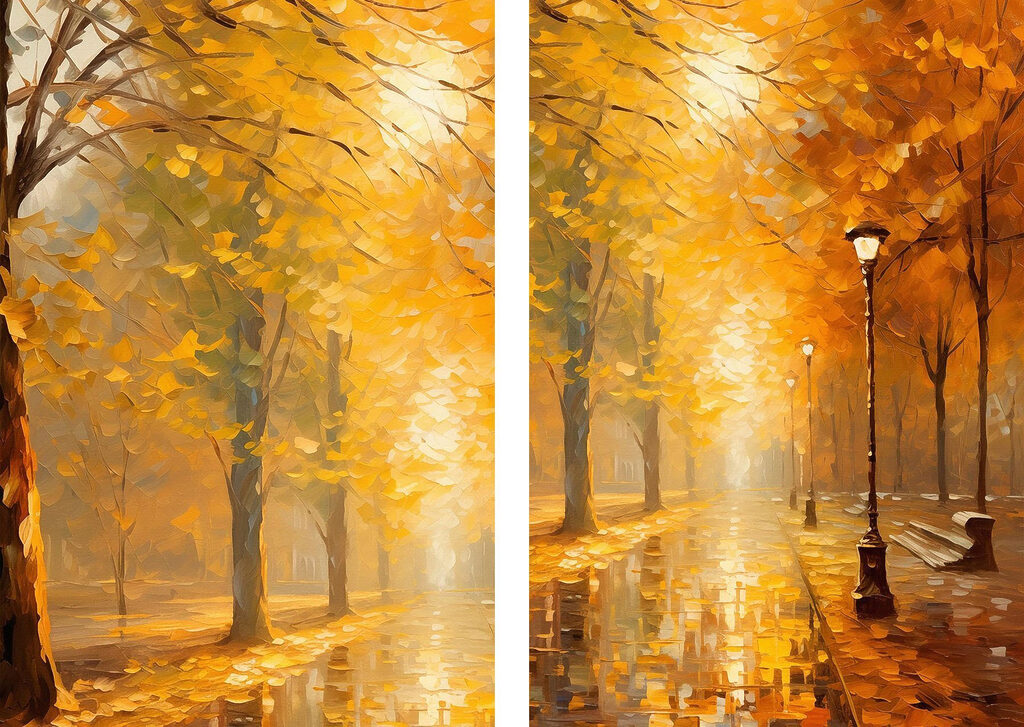 Schilderij van een straat met bomen en een lantaarnpaal — volledig ontwerp