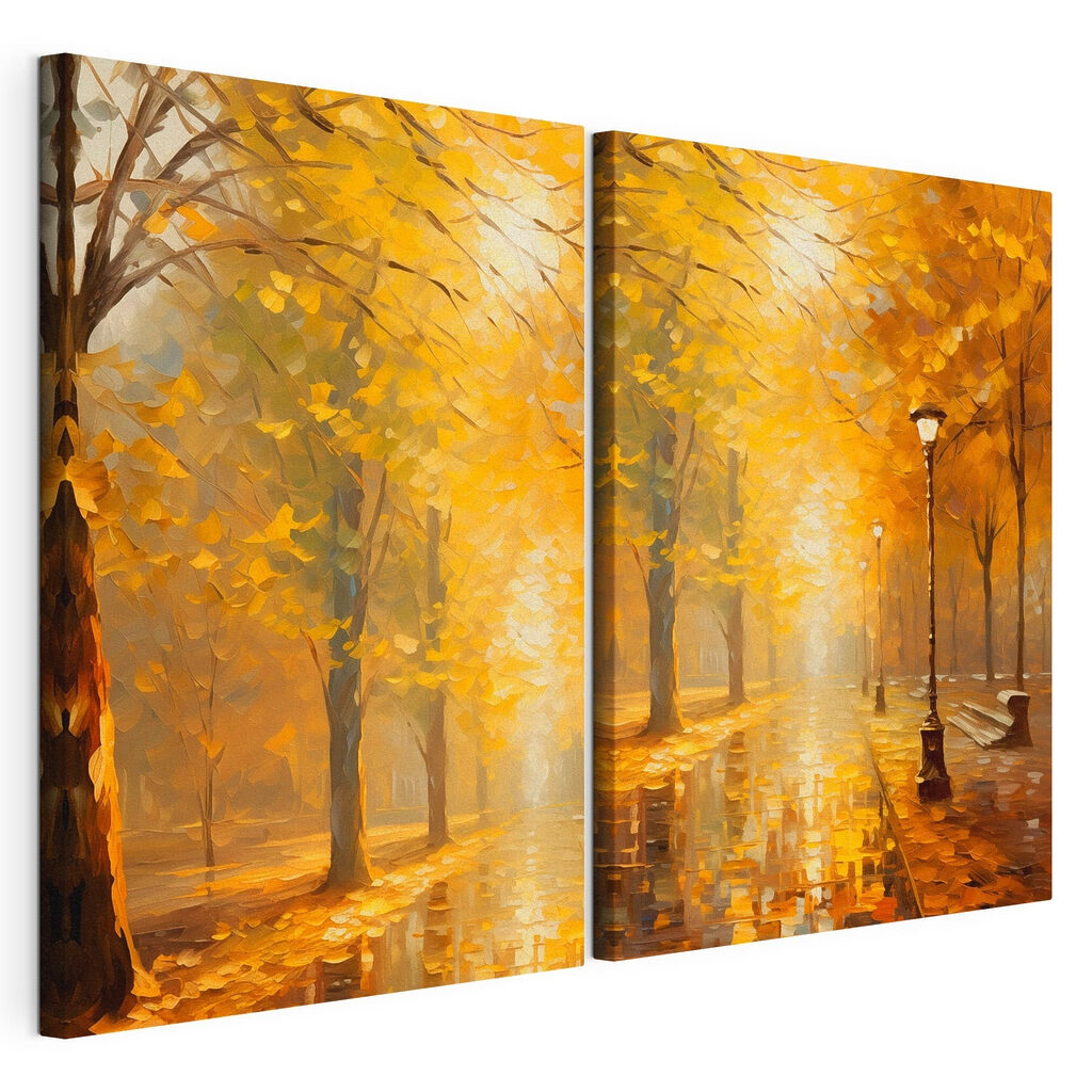 Schilderij van een straat met bomen en een lantaarnpaal — productweergave