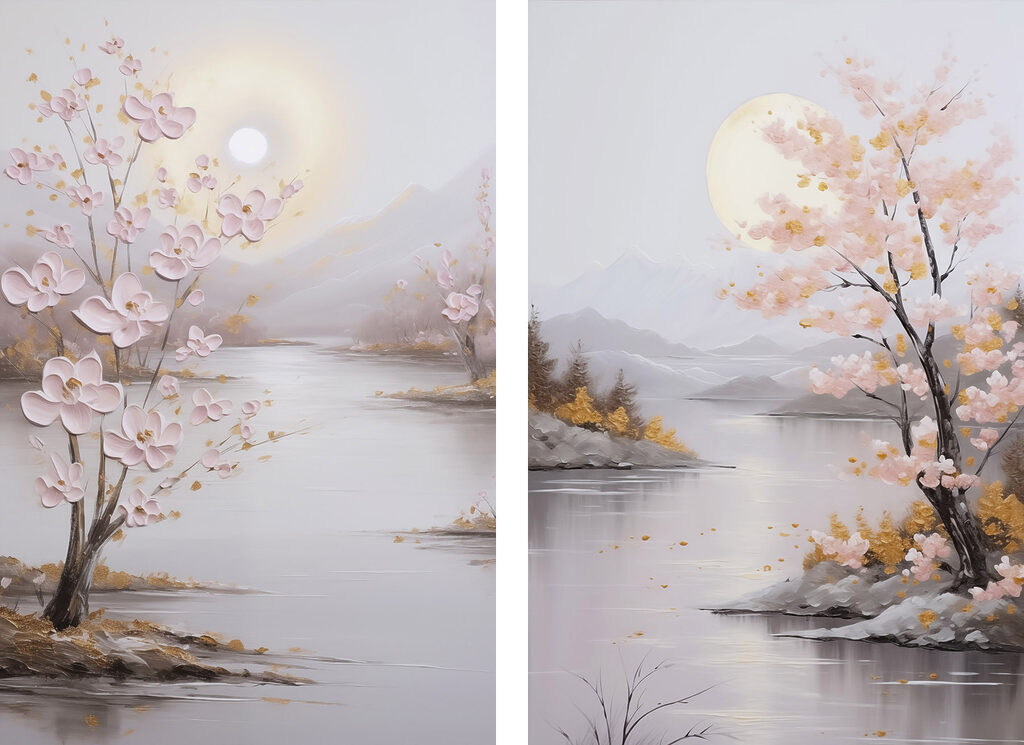 Schilderij van een rivier en een boom met roze bloemen — volledig ontwerp