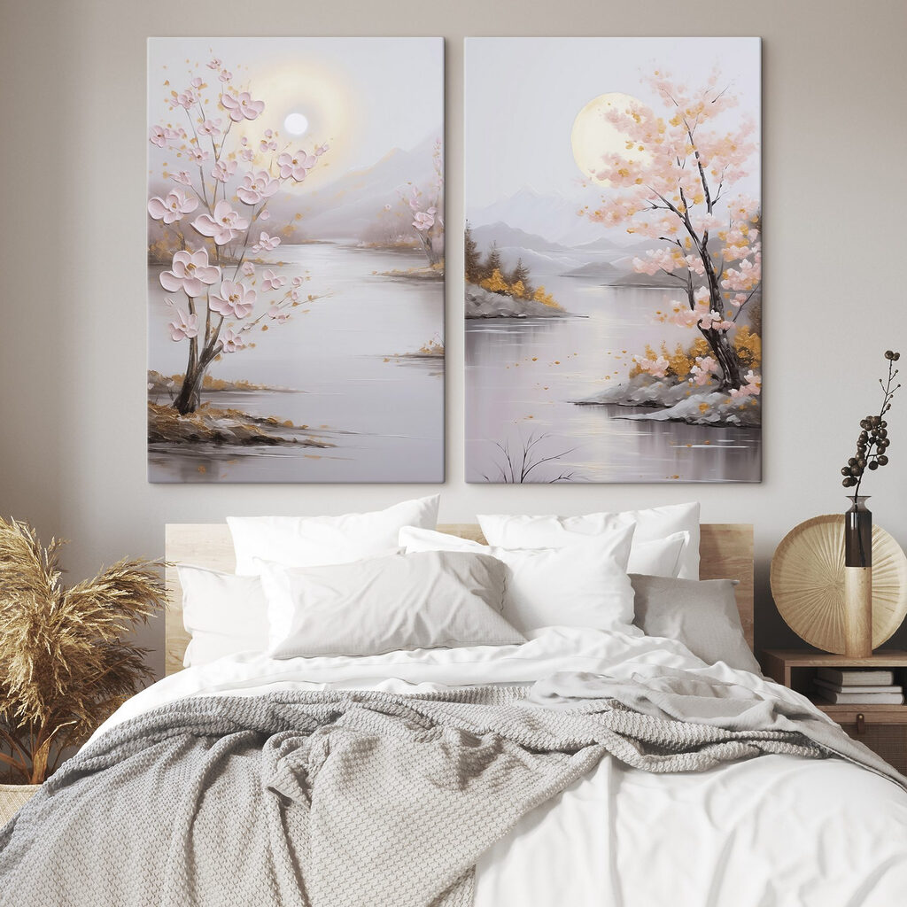 Schilderij van een rivier en een boom met roze bloemen — interieur 2