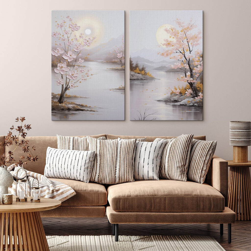 Schilderij van een rivier en een boom met roze bloemen — interieur 1