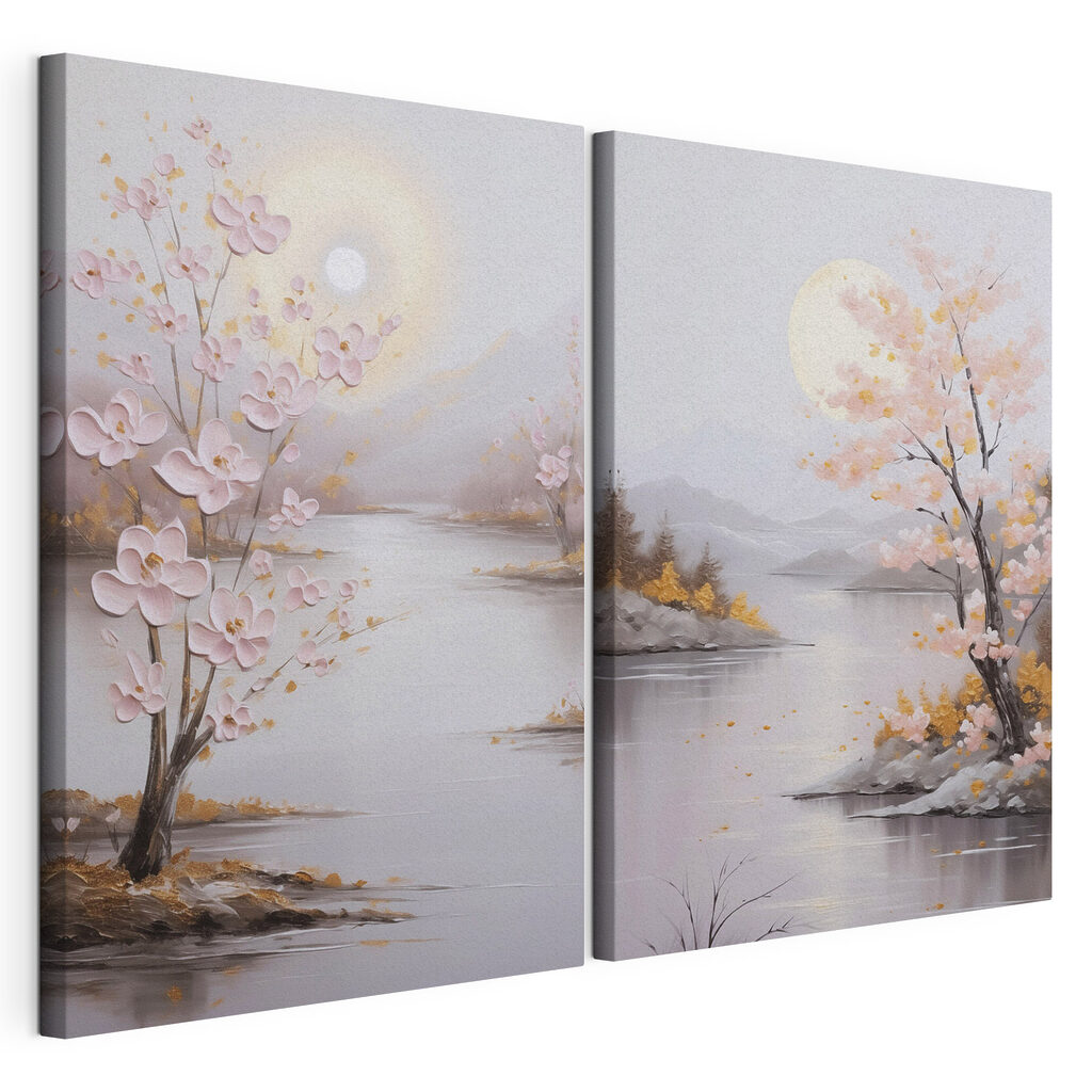 Schilderij van een rivier en een boom met roze bloemen — productweergave