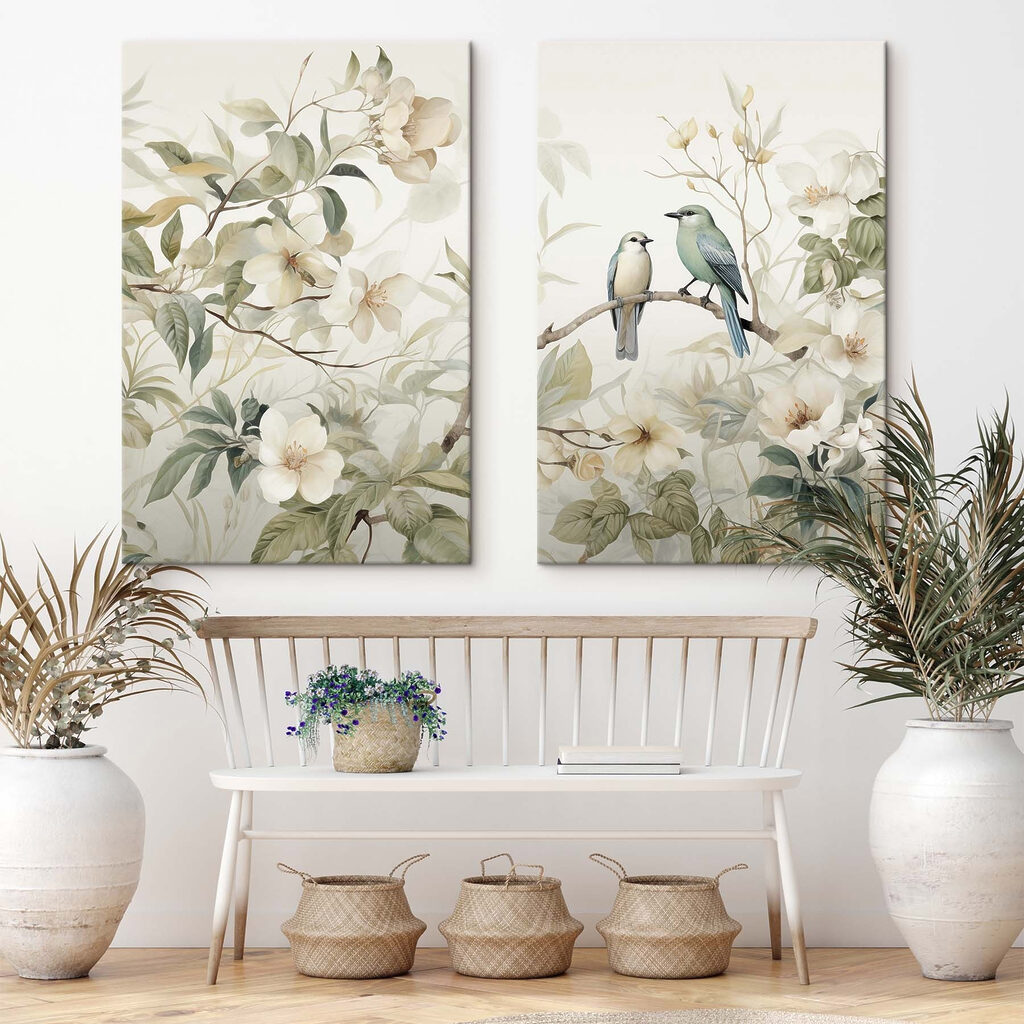 Twee vogels op een tak met bloemen in een interieur