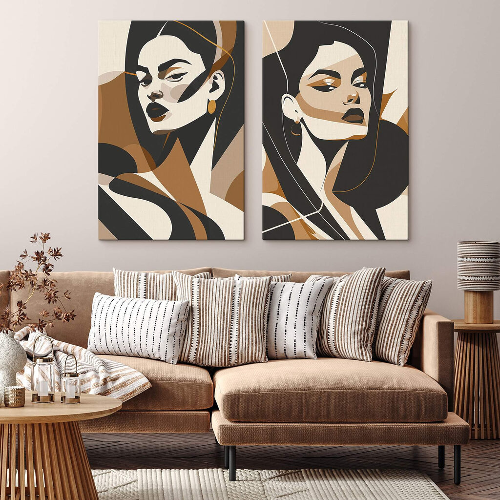 Collage van het gezicht van een vrouw in een interieur
