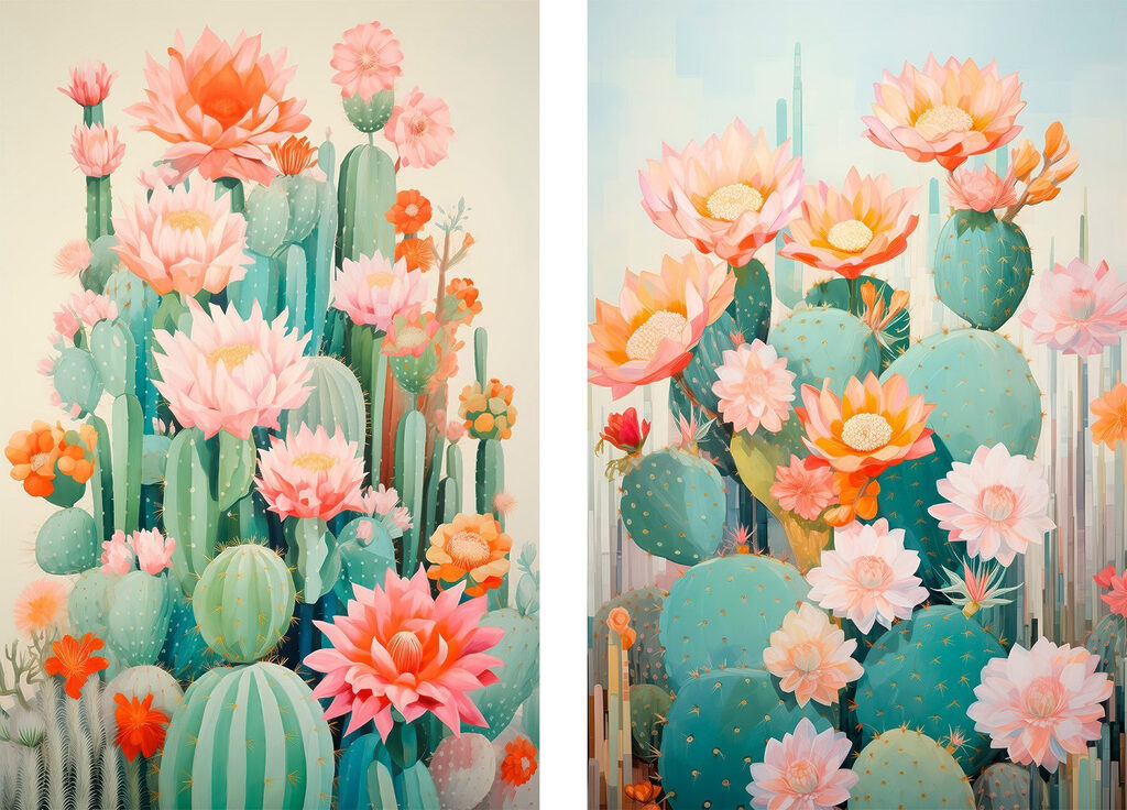 Schilderij van bloemen en cactussen — volledig ontwerp