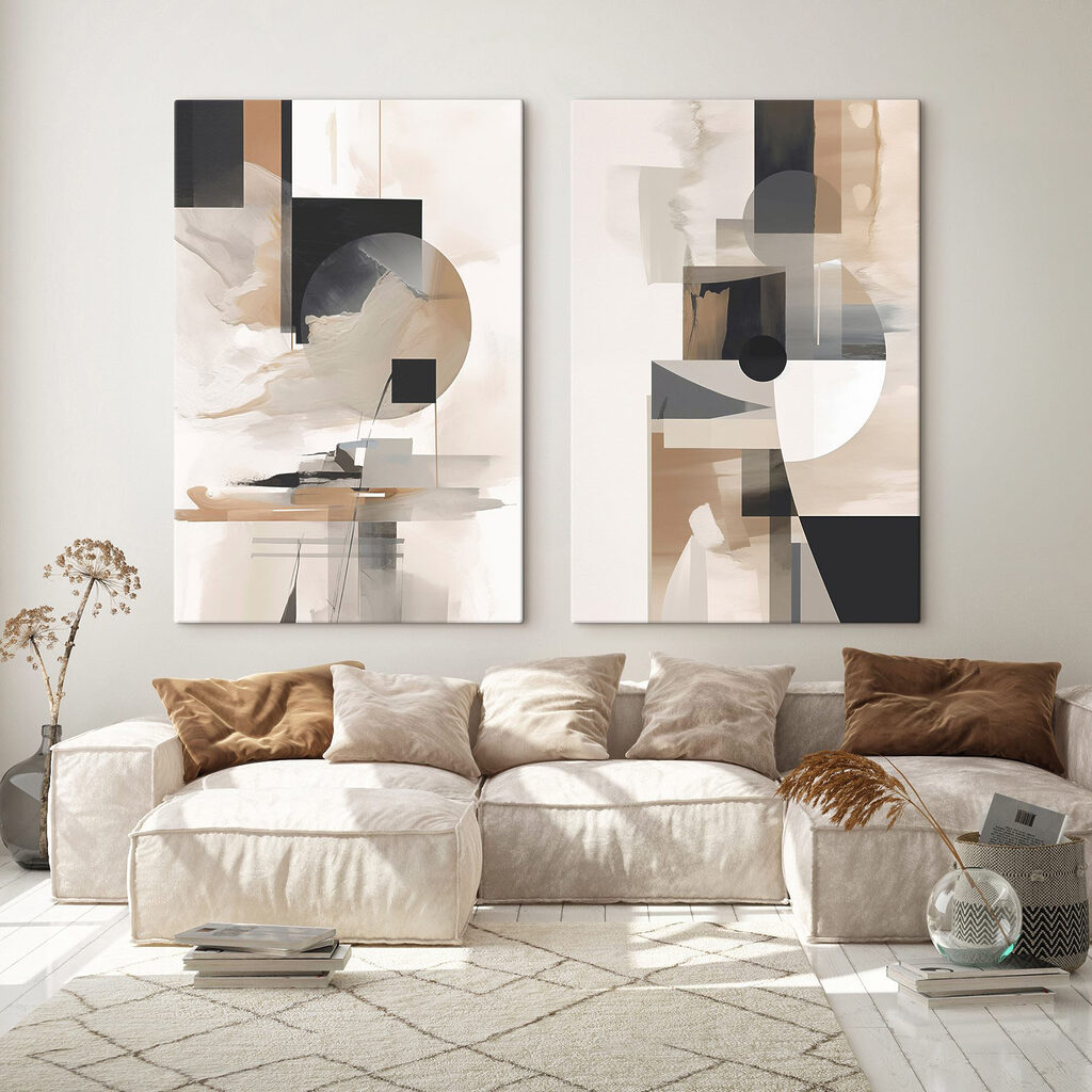Schilderij met een paar vierkanten en cirkels in een interieur