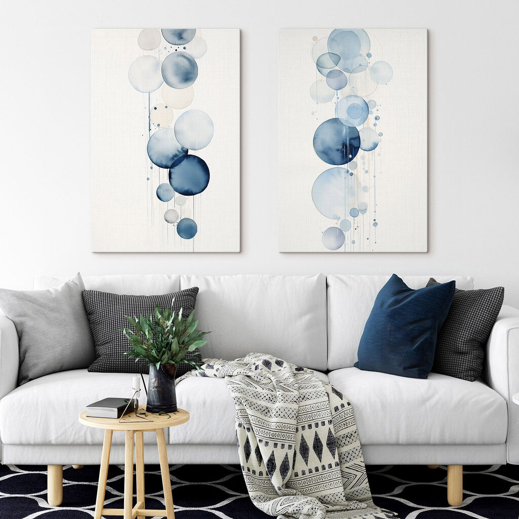 Schilderij met cirkels en druppels in een interieur