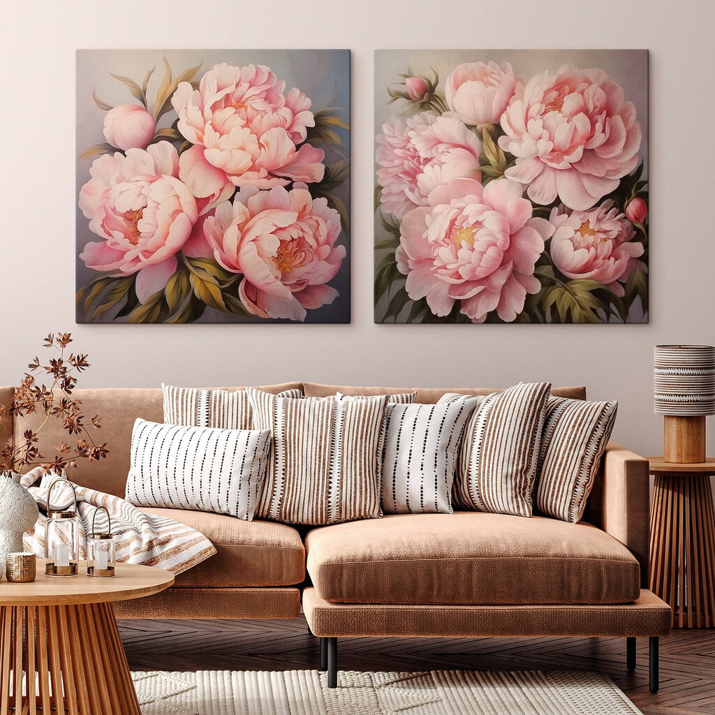 Schilderij van roze bloemen in een interieur