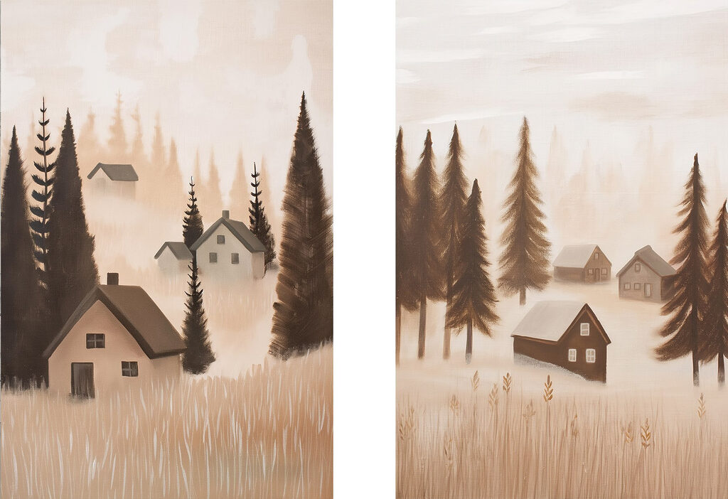 Schilderij van een dorp in de mist — volledig ontwerp