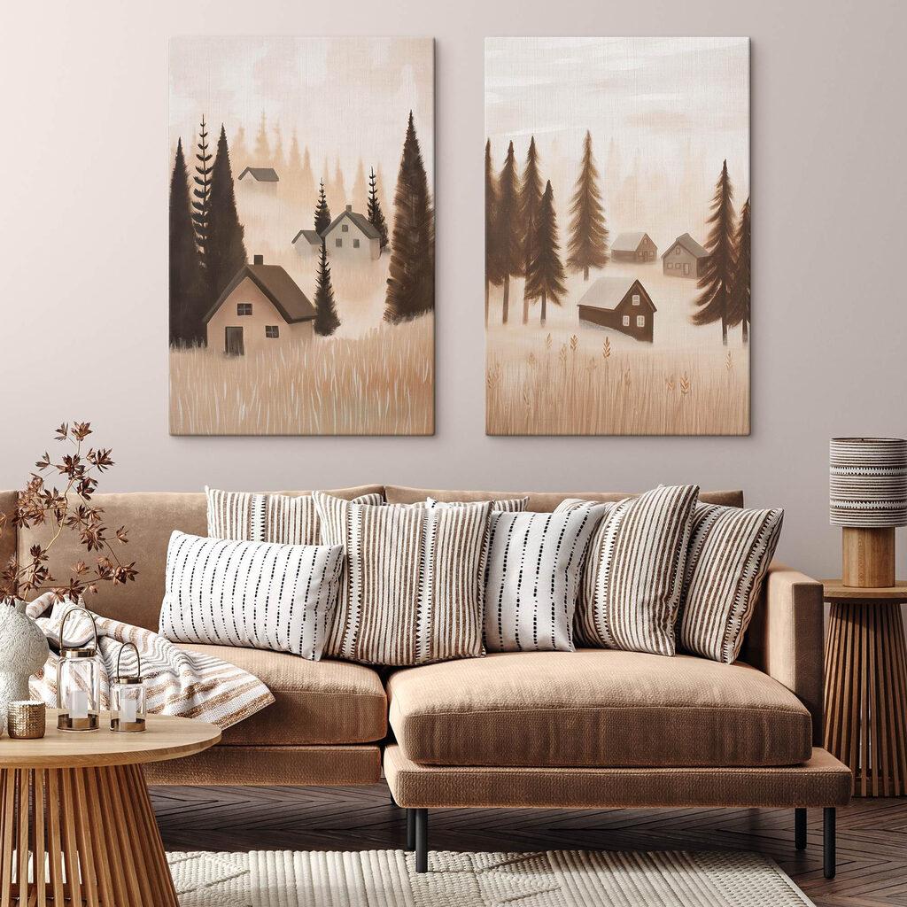 Schilderij van een dorp in de mist — interieur 1