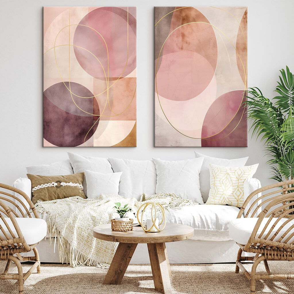 Geometrische vormen in warme tinten in een interieur