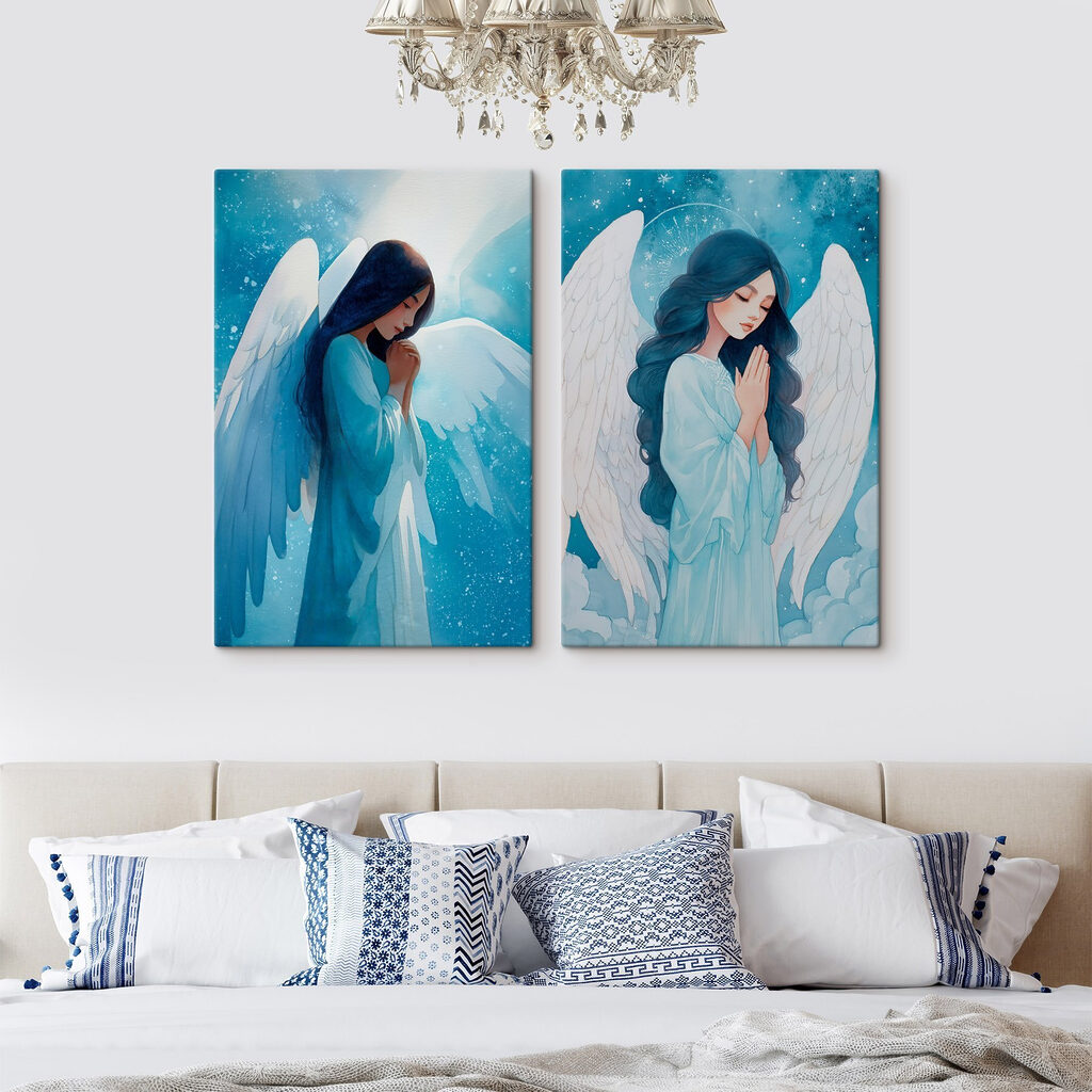 Schilderij van een vrouw met vleugels in een interieur